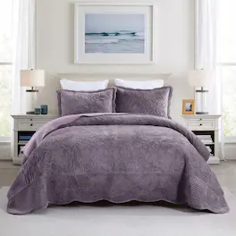 MarCielo - 3Pc Luxury Velvet Oversized Embroidery Soft and Plush Quilt Set - Purple