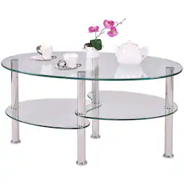 Hivvago - Modern Oval Tempered Glass Coffee Table with Bottom Shelf - Transperant