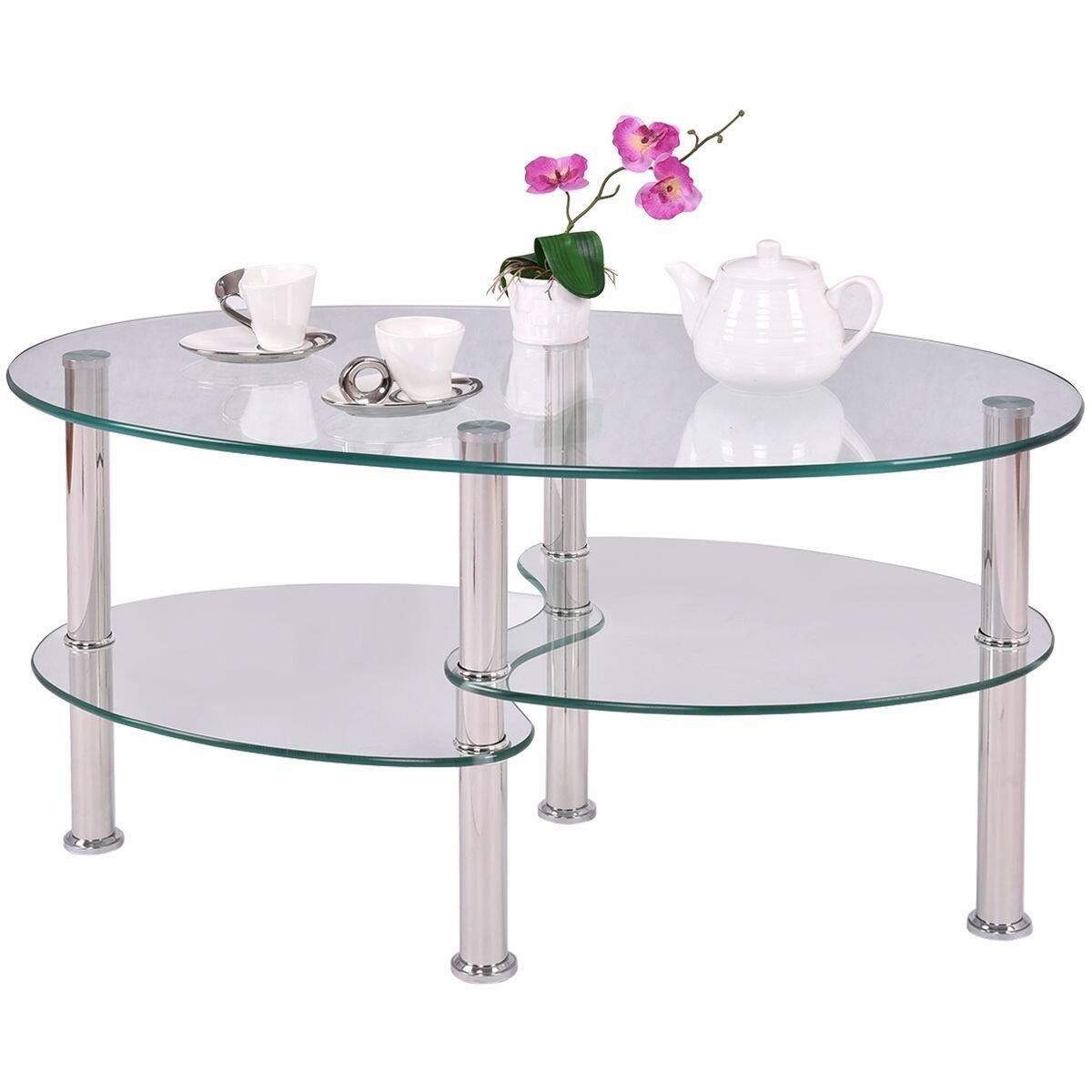 Front. Hivvago - Modern Oval Tempered Glass Coffee Table with Bottom Shelf - Transperant.