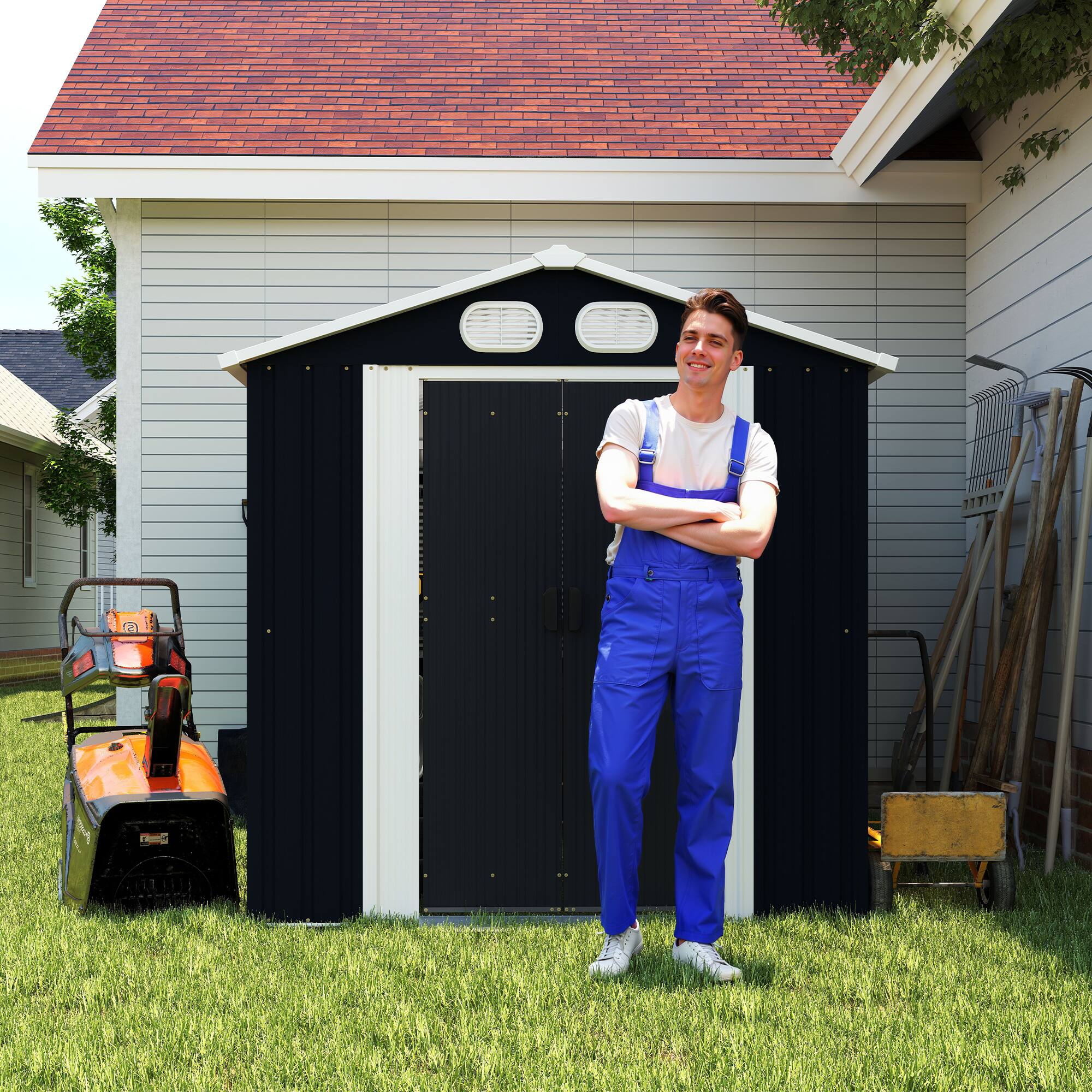 Alt View 2. Anysun - 6x8ft Metal Storage Shed with Lockable Door & Air Vents, Heavy-Duty Outdoor Garden Tool Shed for Backyard, Garden - Dark Gray.
