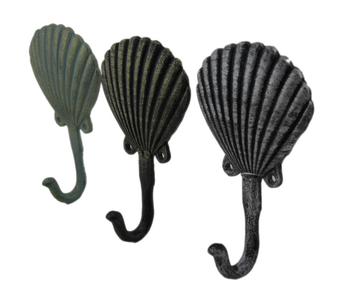 Alt View 1. Zeckos - Distressed Finish Scallop Shell 3 Piece Coastal Cast Iron Wall Hook Set - Multicolored.