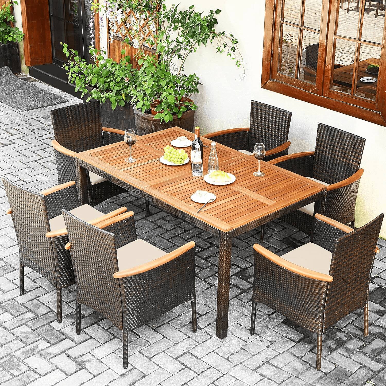 Alt View 1. Costway - Costway Outdoor Patio Wicker Chairs Set of 6 with Steel Frame & Soft Cushions, Armrests - Mix Brown & Beige.
