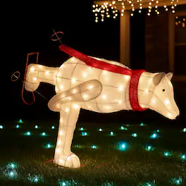 BreeBe - 4.5 Foot Skiing Polar Bear with LED Lighting and Ground Stakes - Red & White