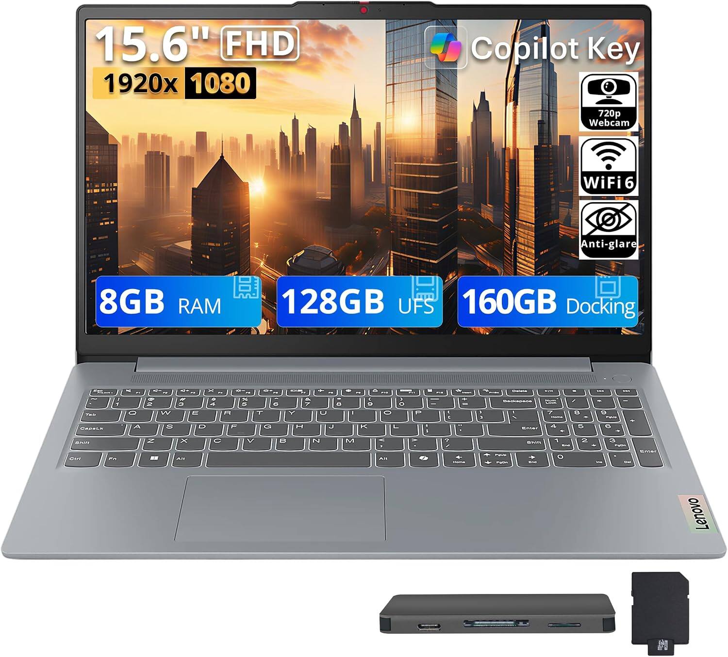 15.6" FHD 1920x1080  
Copilot Key 720p Webcam  
WiFi6  
Anti-glare  
8GB RAM  
128GB UFS  
160GB Docking  
OSPELN  
Lenovo