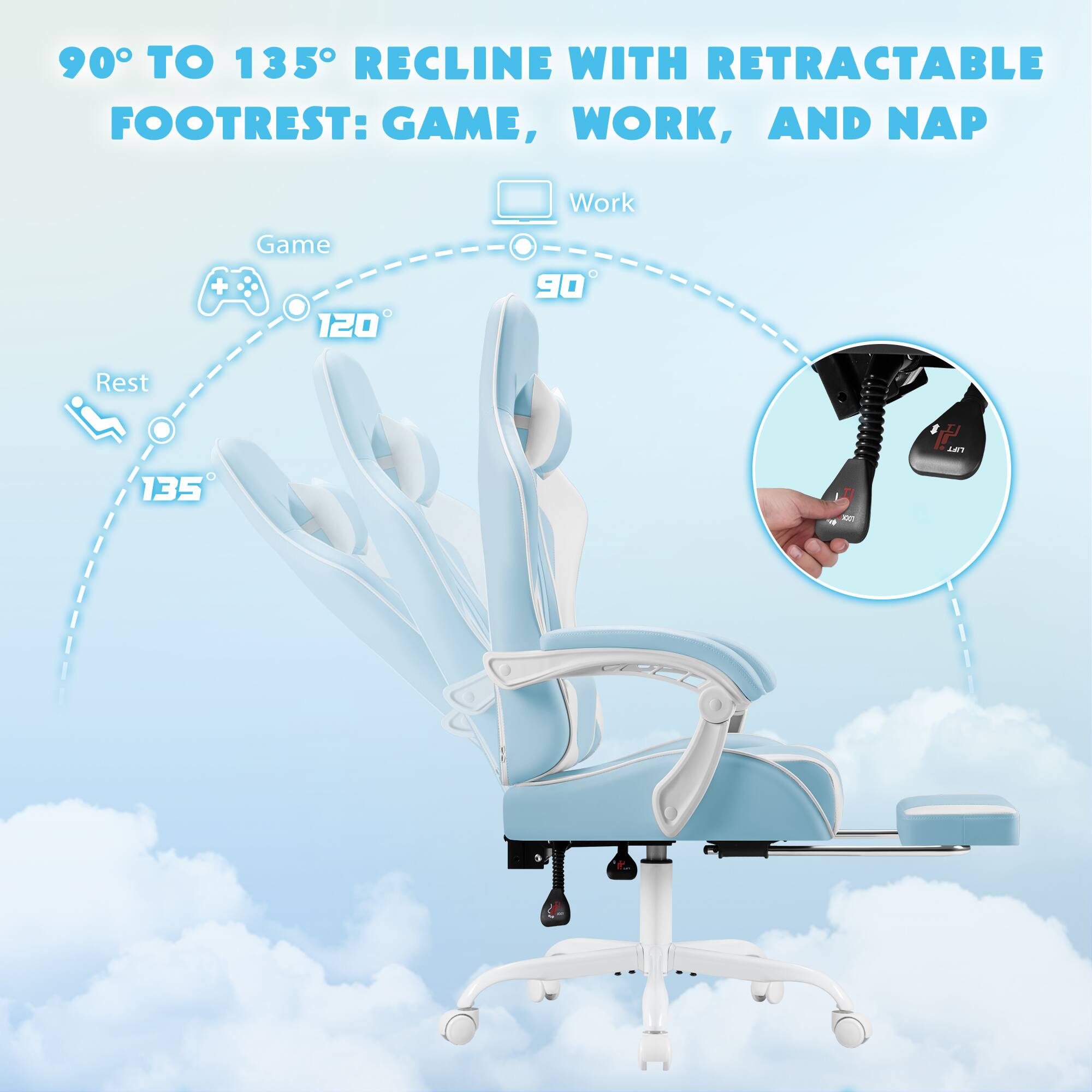 90° TO 135° RECLINE WITH RETRACTABLE FOOTREST: GAME, WORK, AND NAP

Work
Game 120°
Rest 135°
