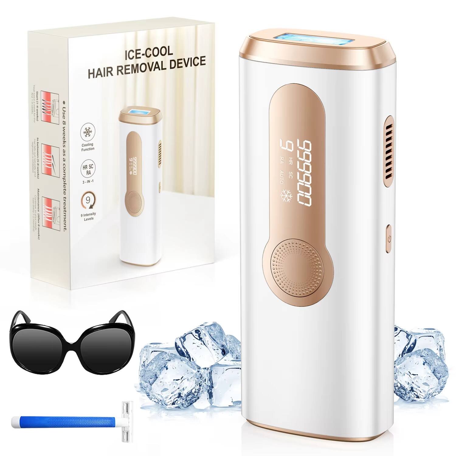 ICE-COOL HAIR REMOVAL DEVICE

- Use 2 weeks as 2 complete treatment.
- Cooling Function
- 3-IN-1
- 9 Intensity Levels
- AUTO

006666