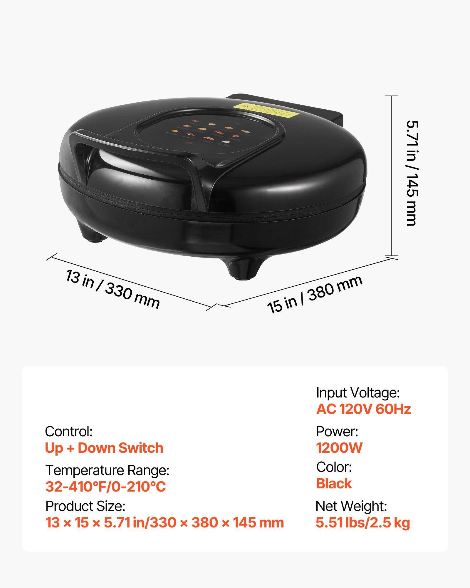 - **Input Voltage:** AC 120V 60Hz
- **Control:** Up + Down Switch
- **Temperature Range:** 32-410°F / 0-210°C
- **Product Size:** 13 x 15 x 5.71 in / 330 x 380 x 145 mm
- **Power:** 1200W
- **Color:** Black
- **Net Weight:** 5.51 lbs / 2.5 kg