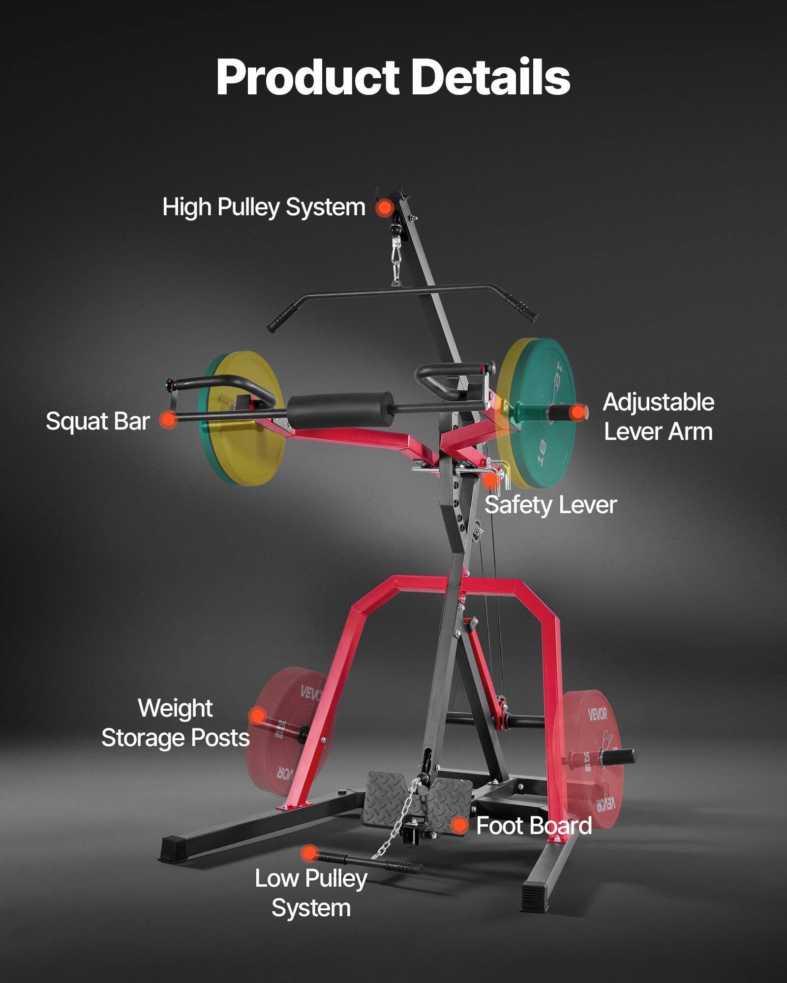 Product Details  
- High Pulley System  
- Squat Bar  
- Adjustable Lever Arm  
- Safety Lever  
- Weight Storage Posts  
- Foot Board  
- Low Pulley System