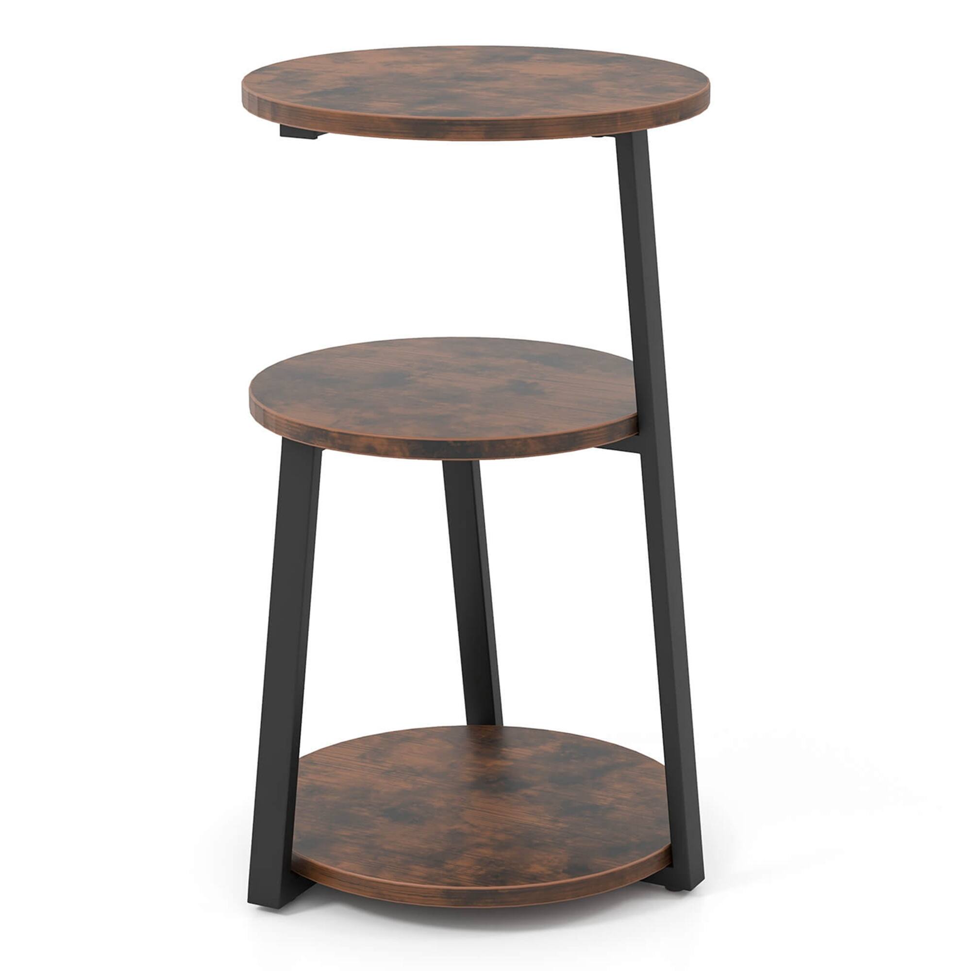 Costway - 1 PCS 3-Tier Round Side Table with Metal Frame & Adjustable Foot Pads Nightstand - Rustic Brown & Black