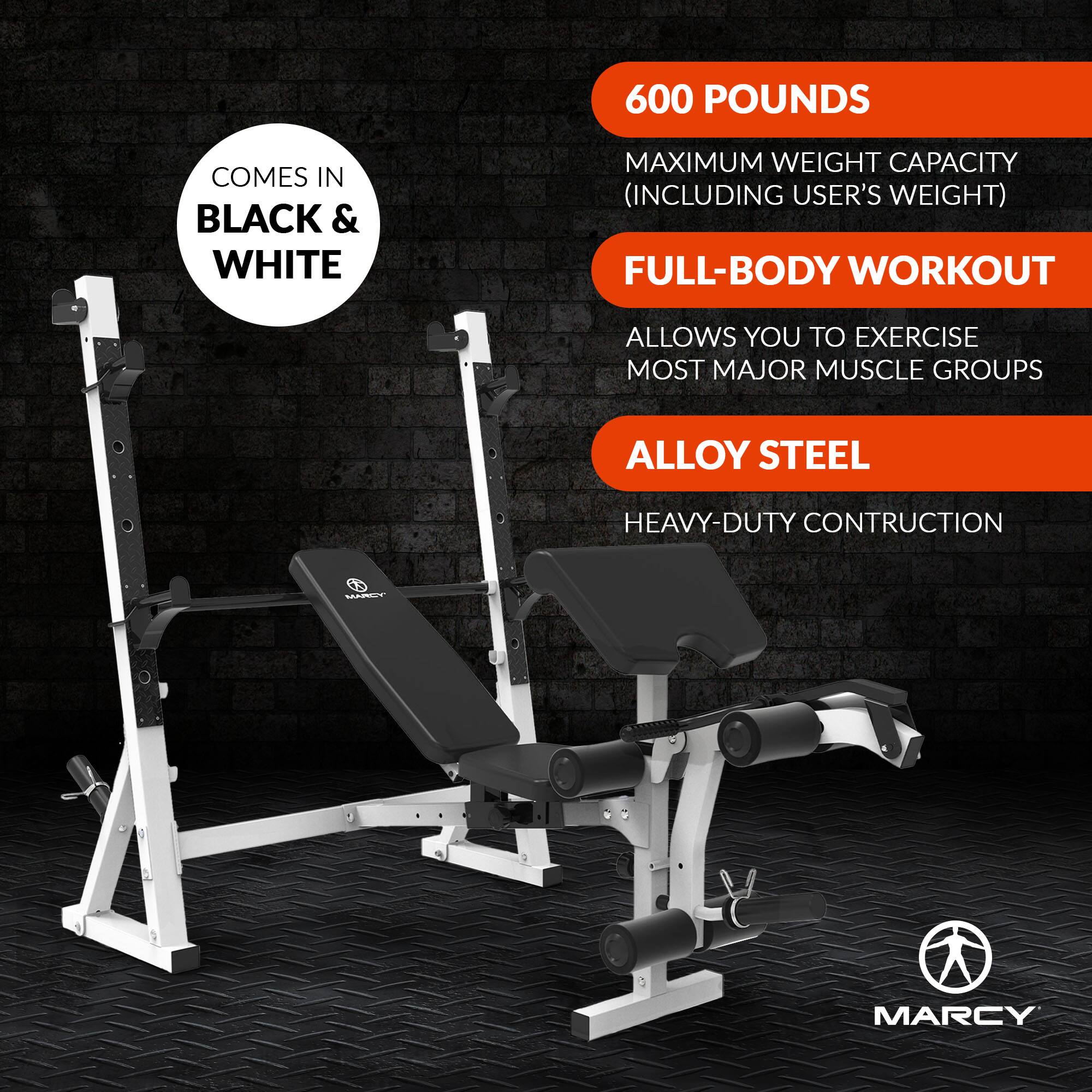 - 600 POUNDS
  - MAXIMUM WEIGHT CAPACITY (INCLUDING USER'S WEIGHT)

- FULL-BODY WORKOUT
  - ALLOWS YOU TO EXERCISE MOST MAJOR MUSCLE GROUPS

- ALLOY STEEL
  - HEAVY-DUTY CONSTRUCTION

- COMES IN BLACK & WHITE