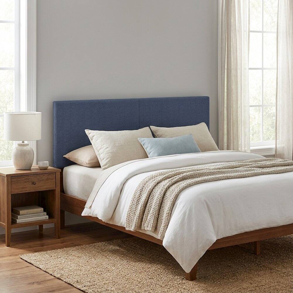 Left. FurniFact - Blue Denim Upholstered King Headboard with Soft Fabric and Sturdy Frame - Blue Denim.