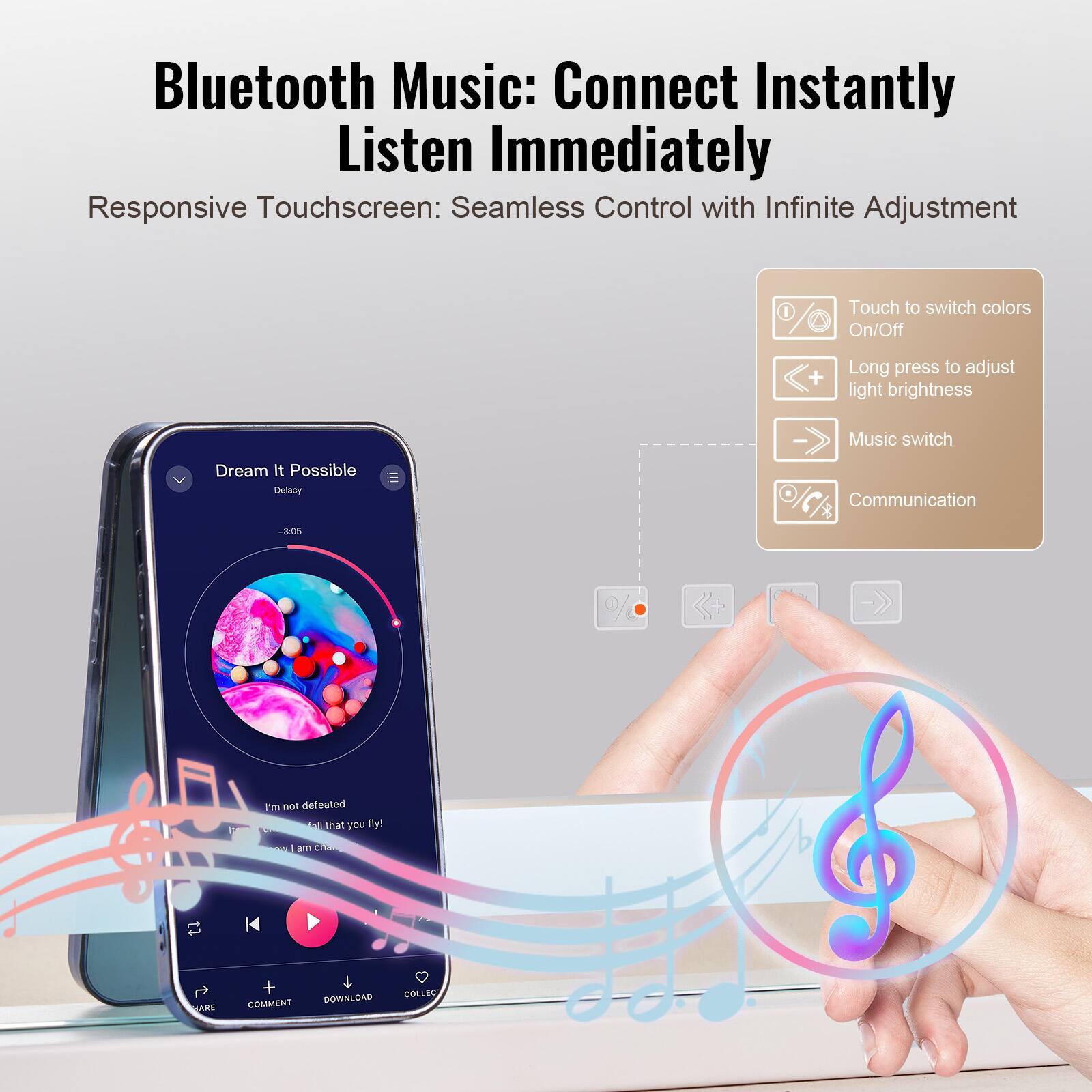 Bluetooth Music: Connect Instantly Listen Immediately

Responsive Touchscreen: Seamless Control with Infinite Adjustment

- Touch to switch colors On/Off
- Long press to adjust light brightness
- Music switch
- Communication

Dream It Possible  
Delaycy  
-3.05

I'm not defeated  
fall that you fly!  
wow, I am chlo

SHARE COMMENT DOWNLOAD COLLECT