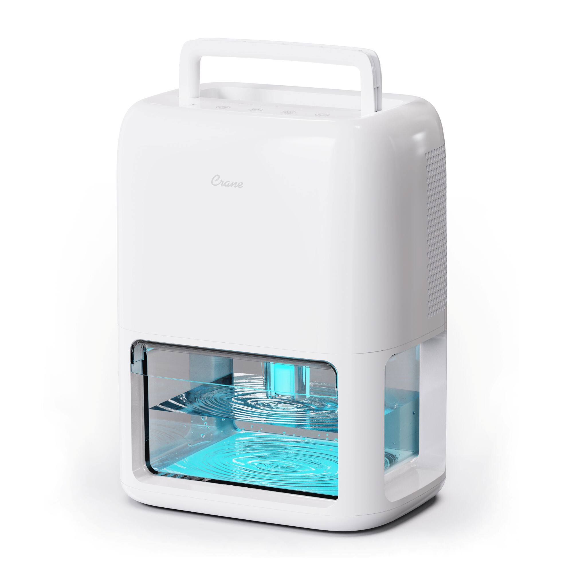 Left. CRANE - Dehumidifier with 3.8 Pint Tank, With Auto Shut-Off and Optional Ambient Light - White.