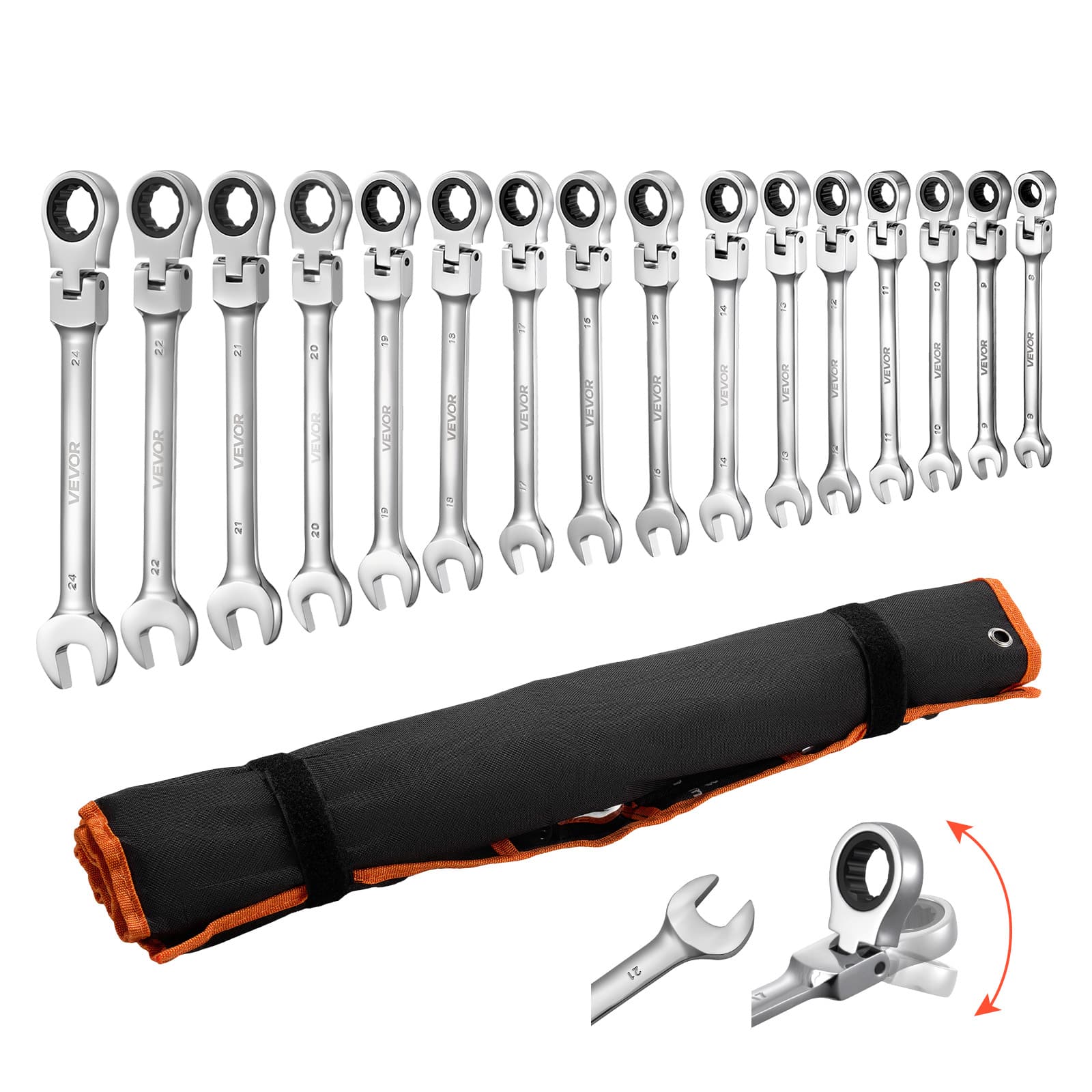 VEVOR - Flex-Head Ratcheting Wrench Set, 30-Piece SAE and Metric, 72 Teeth, Cr-V Steel Ratchet Flexible Combination Wrench Set - Silver