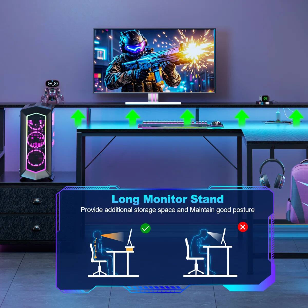 Long Monitor Stand  
Provide additional storage space and Maintain good posture
