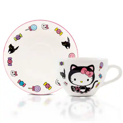 Front. Silver Buffalo - Sanrio Hello Kitty Black Cat Bone China Teacup and Saucer Set | Holds 7 Ounces - Black.