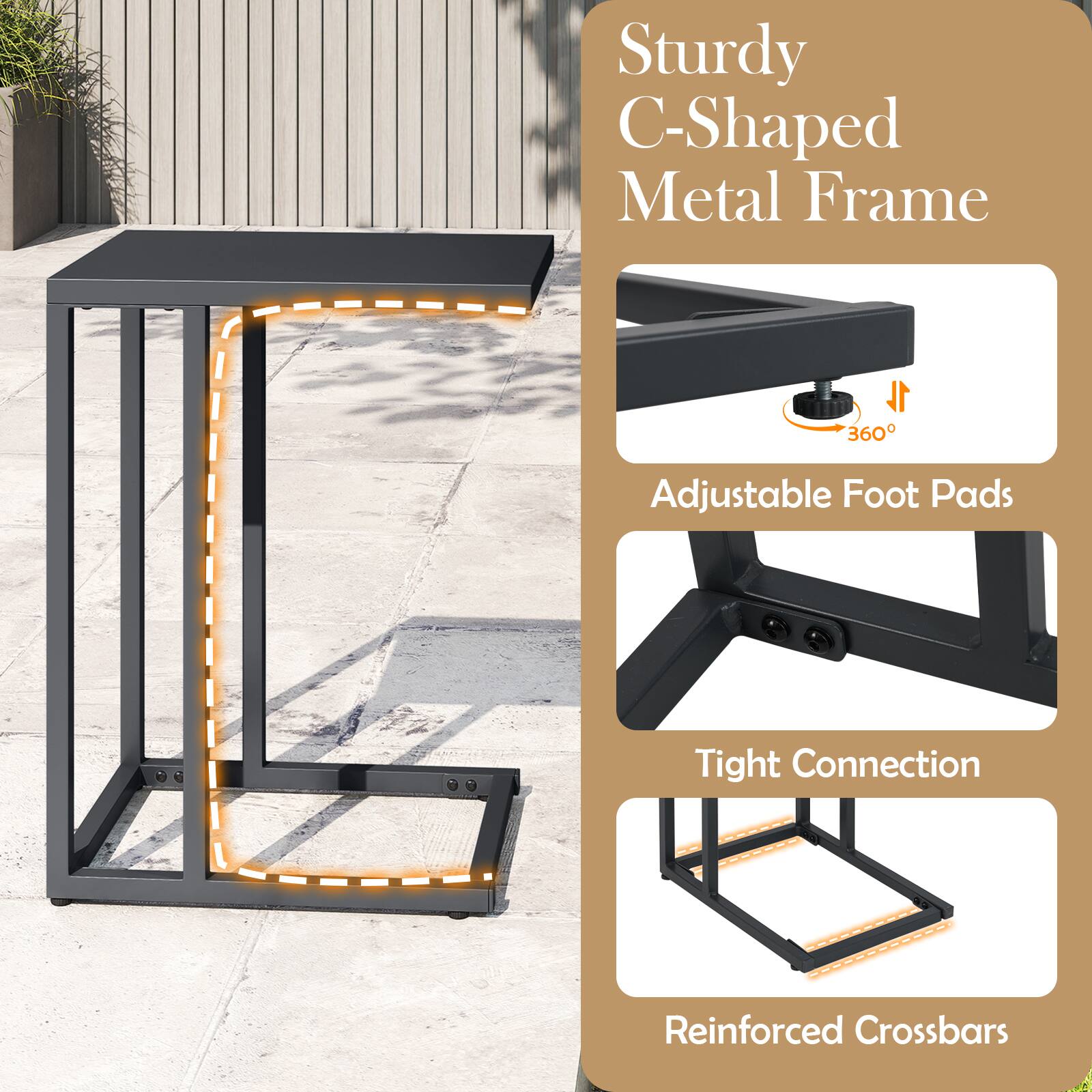 Sturdy C-Shaped Metal Frame

- Adjustable Foot Pads (360°)
- Tight Connection
- Reinforced Crossbars