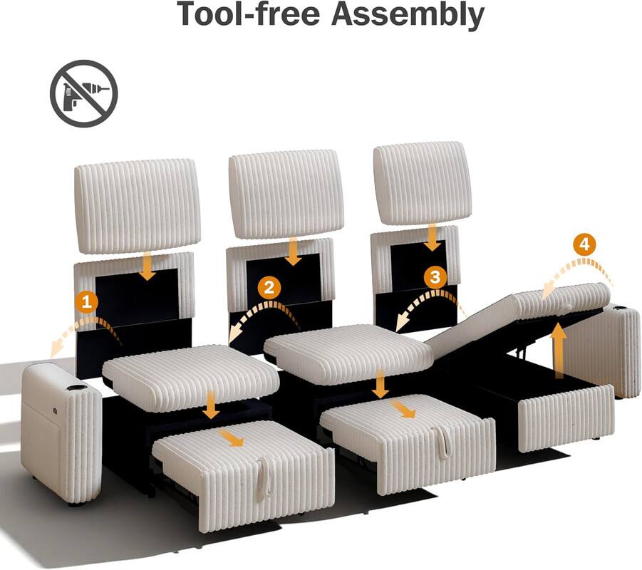 Tool-free Assembly

1. Place the seat cushion on the base.
2. Attach the backrest to the seat.
3. Connect the armrests to the backrest.
4. Add the headrest to the top of the backrest.