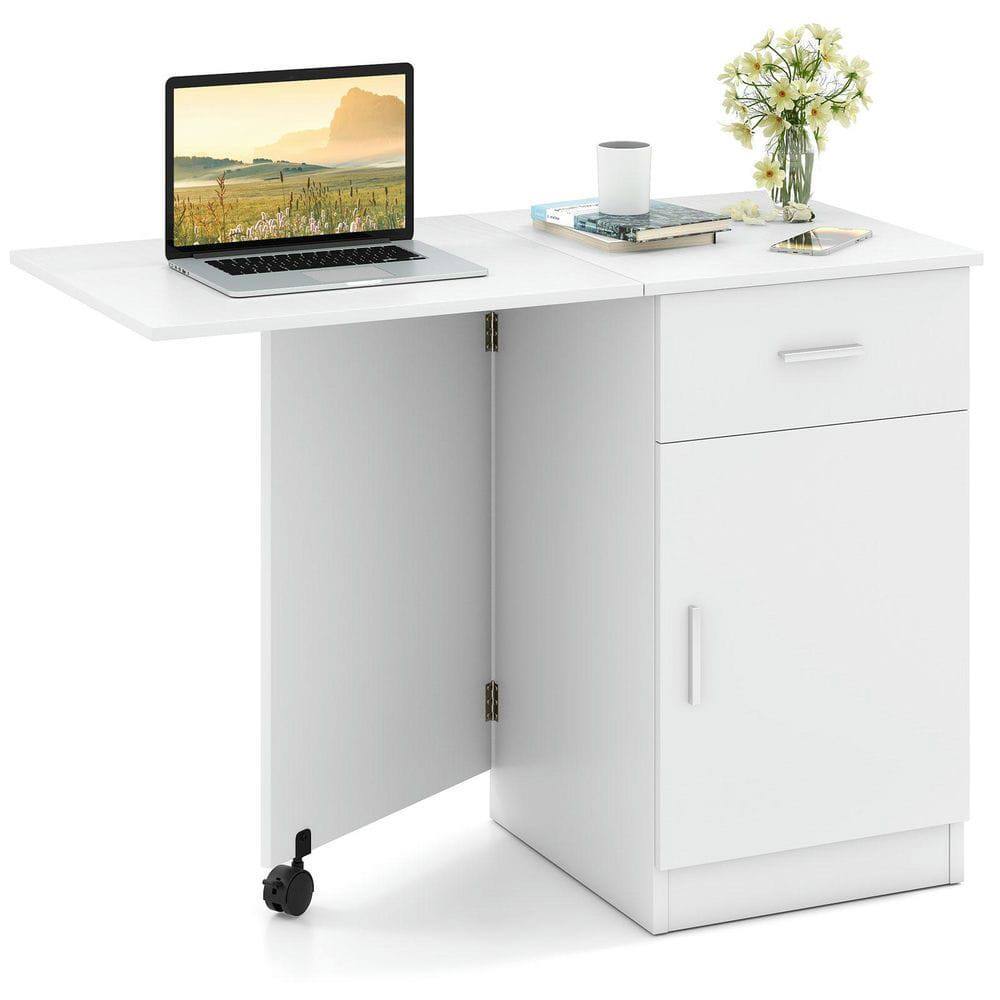 Angle. Kadyn - Folding Mobile Computer Desk - Drawer & Cabinet, Home Office Essential, White - White.