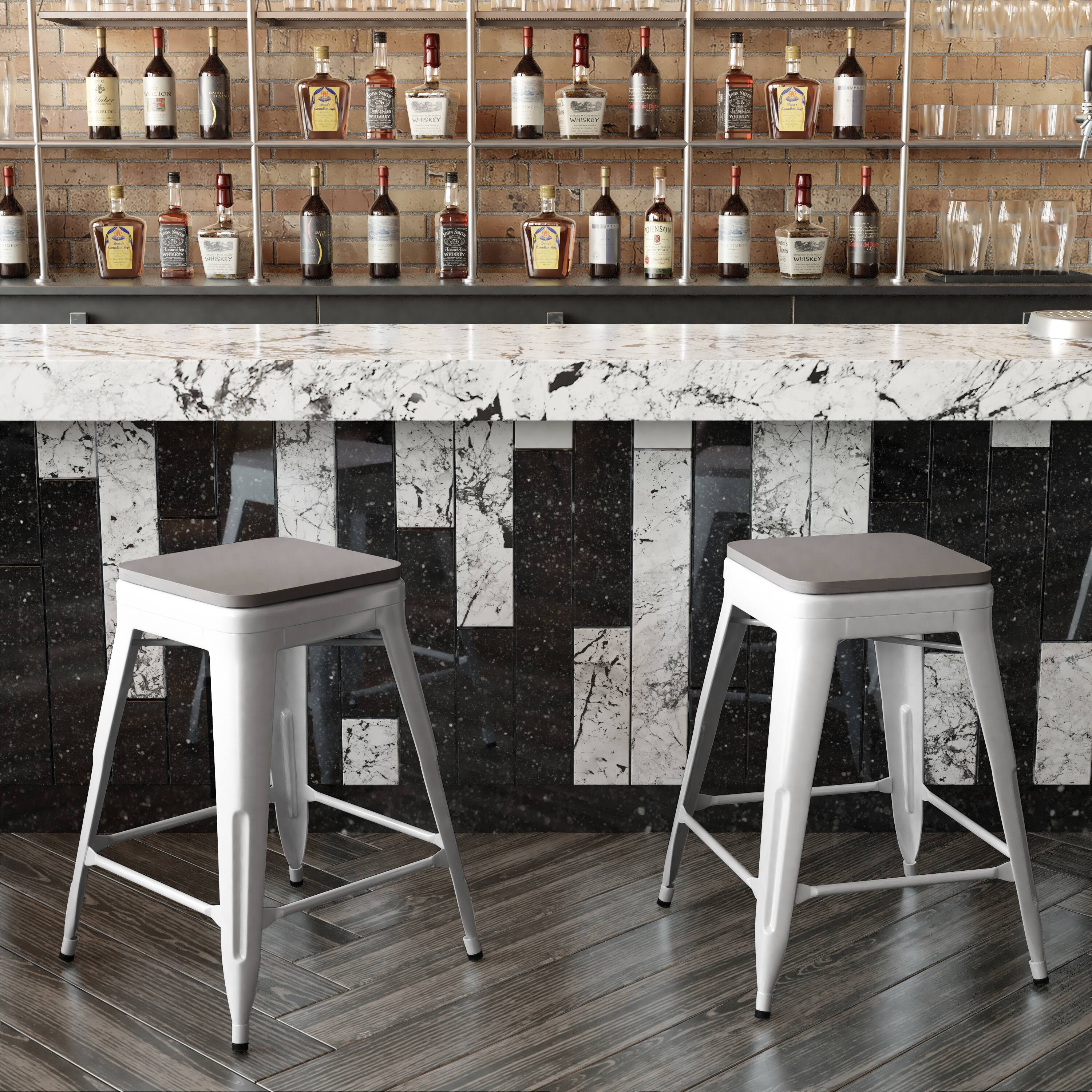 Alt View 3. Emma + Oliver - Kam Backless Metal Indoor-Outdoor Stool with All-Weather Polystyrene Seat - Gray Seat/White Frame.