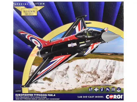SPECIAL EDITION
THE AVIATION ARCHIVE
EUROFIGHTER TYPHOON FGR.4
ZJ914 'BLACKJACK', FLT LT ADAM O'HARE
2022 RAF TYPHOON DISPLAY AIRCRAFT, RAF CONINGSBY
1:48 DIE-CAST MODEL
AA29003
CORGI