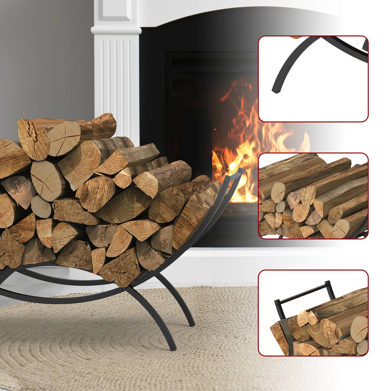Left. Oumilen - 37 Inch Firewood Rack, Heavy-Duty Black Metal Log Holder with Double Semi-Circular Frame, Indoor/Outdoor Use - Black.