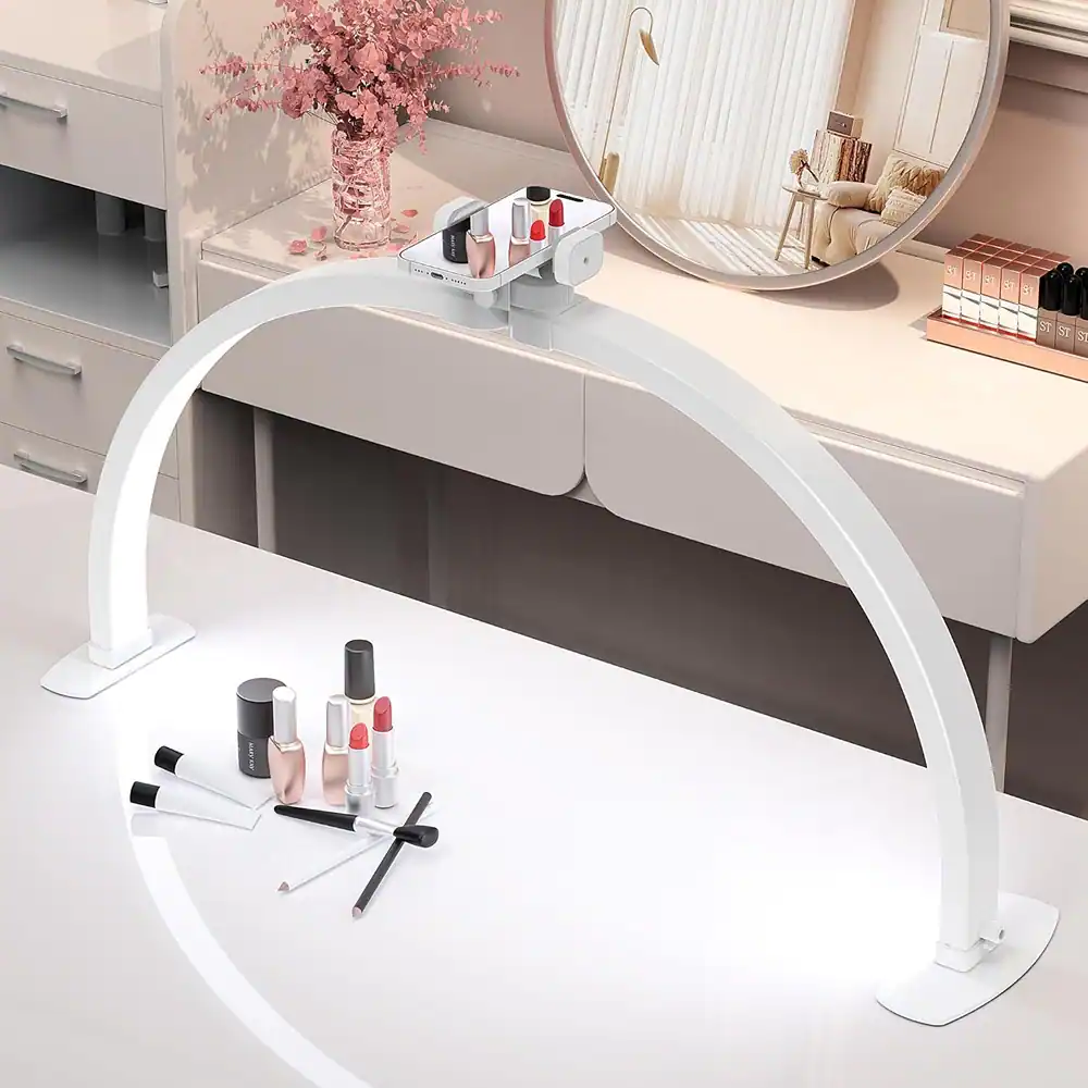 Angle. MOSZAR LLC - 22" Foldable Half Moon LED Nail Desk Light with Phone Stand & Wire Controller (White).