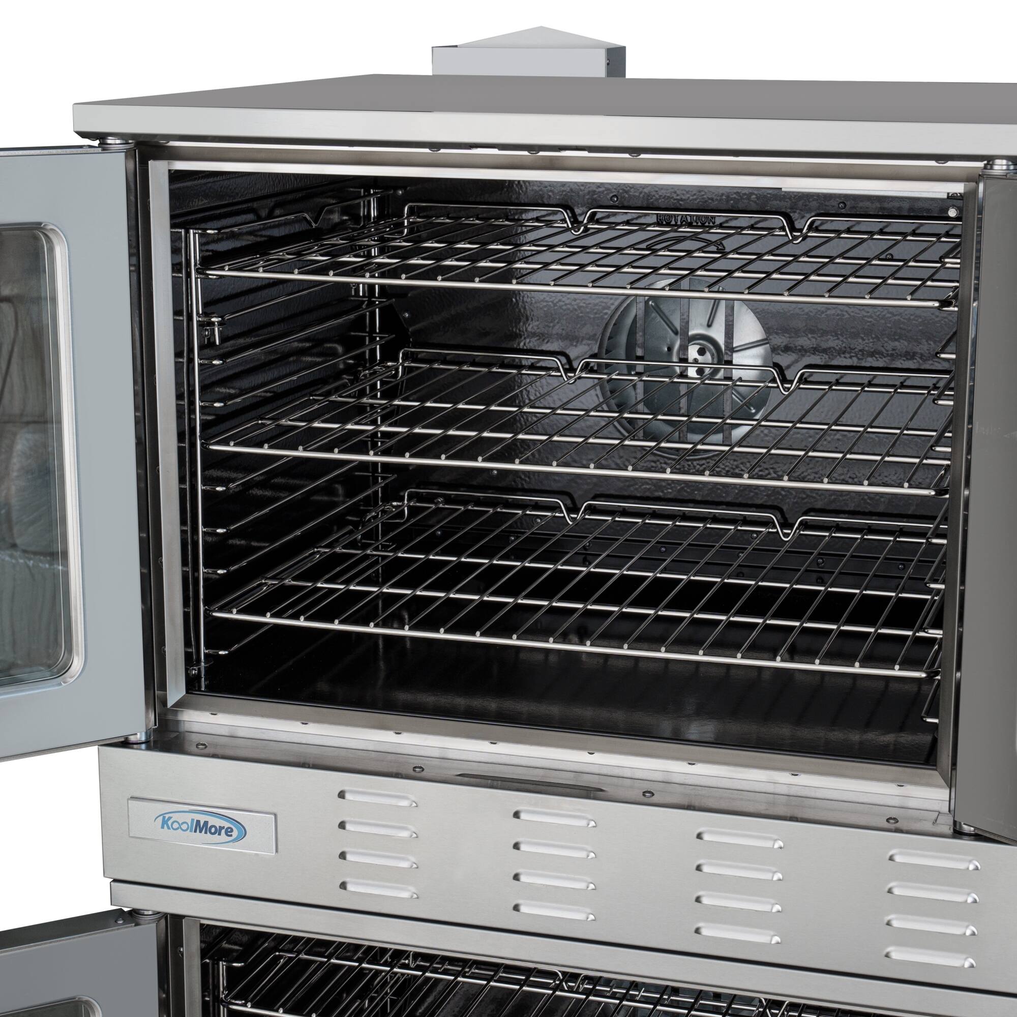 Alt View 6. Koolmore - 38 in. Full Size Double Commercial Natural Gas Convection Oven 108,000 BTU Total with Stacking Kit and Casters - Silver.