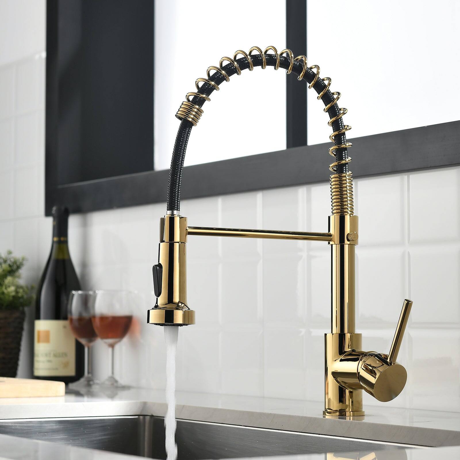 Alt View 3. Boyel Living - Contemporary Single Handle Gooseneck Pull Down Sprayer Kitchen Faucet Brushed Gold - Brushed Gold.