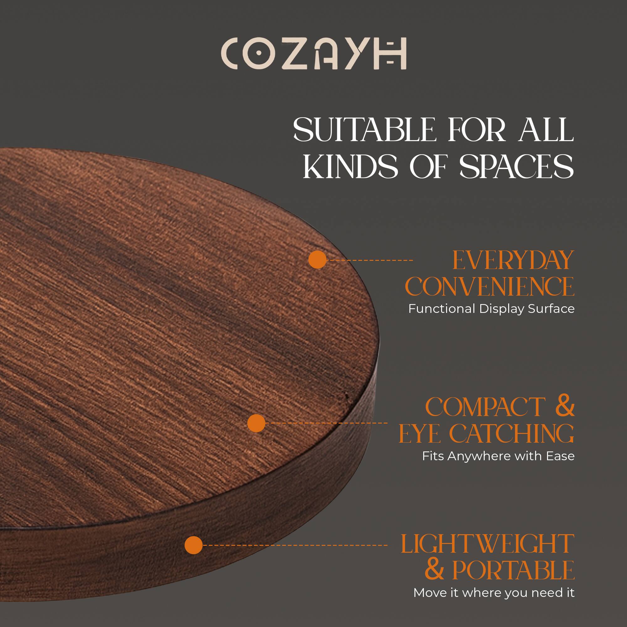 COZAYH

SUITABLE FOR ALL KINDS OF SPACES

- EVERYDAY CONVENIENCE
  Functional Display Surface

- COMPACT & EYE CATCHING
  Fits Anywhere with Ease

- LIGHTWEIGHT & PORTABLE
  Move it where you need it