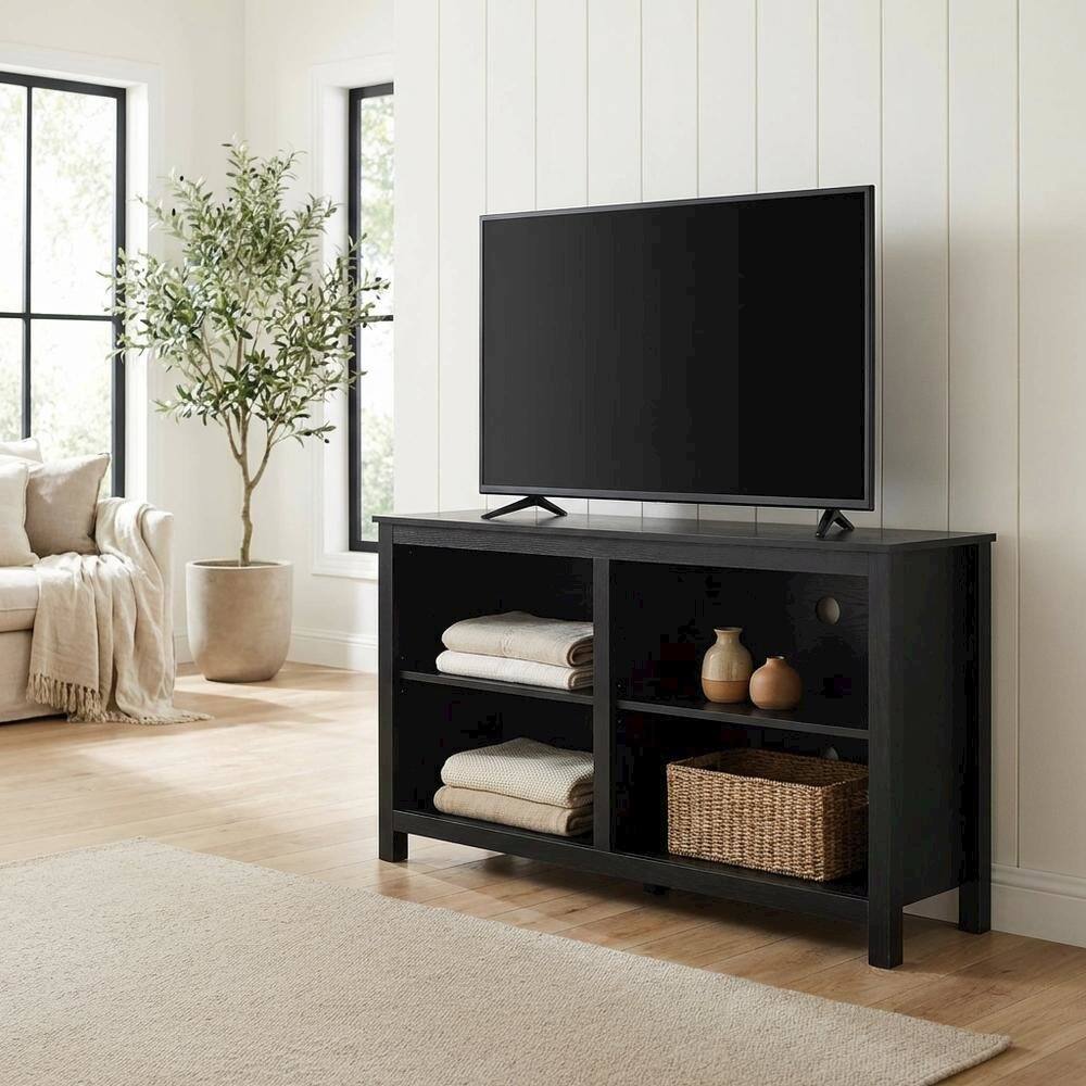 Alt View 2. FurniFact - Black wood TV stand, adjustable shelves, 65-inch televisions, modern style - Red.