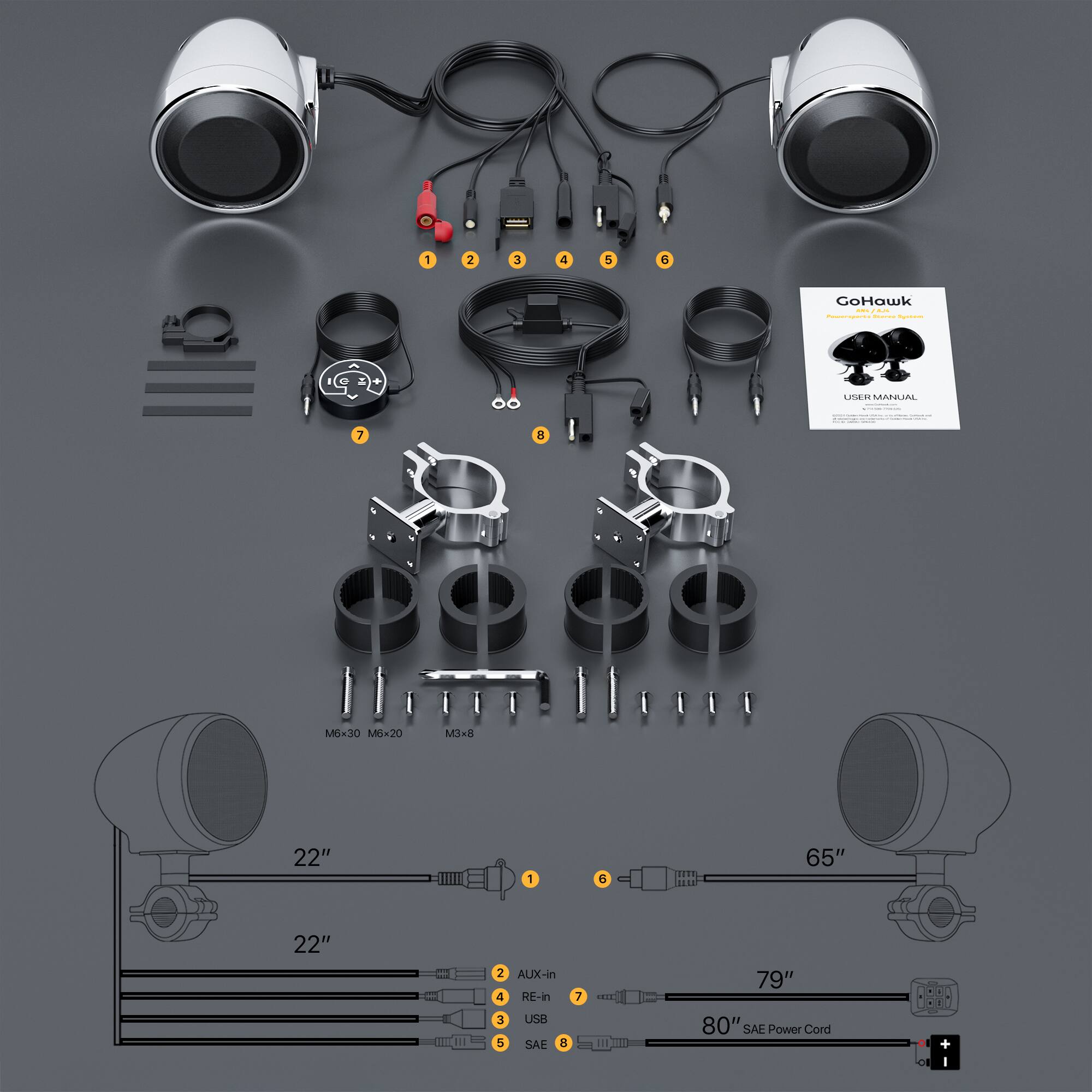 1. GoHawk
2. MARIAL
3. Mox30
4. Mox20
5. M3-8
6. 1000s
7. 22"
8. 1 d
9. 1E18
10. 1. 65"
11. 22"
12. + Cm
13. I1
14. 2 AUX-in
15. 4 RE-in
16. 3 USB
17. 5 SAE
18. B
19. 7
20. 11
21. 79"
22. 80"
23. SAE Power Cord
24. 8888
25. 1 + OF I