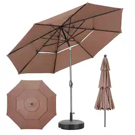 Ainfox - 10 FT Outdoor Patio Umbrella with Base 3 Tiers Adjustable Umbrella with Crank & Tilt for Patio Backyard Poolside - Coffee