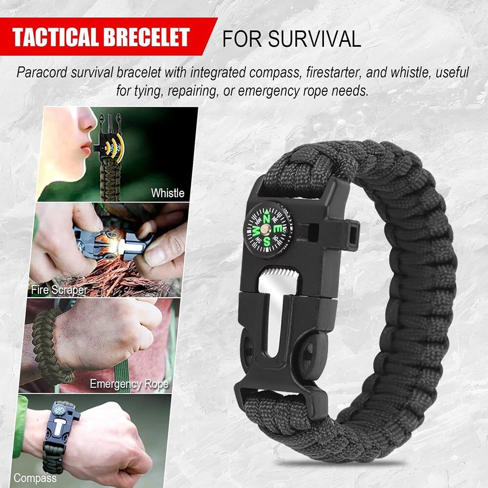 TACTICAL BRECELET FOR SURVIVAL

Paracord survival bracelet with integrated compass, firestarter, and whistle, useful for tying, repairing, or emergency rope needs.

- Whistle
- Fire Scraper
- Emergency Rope
- Compass