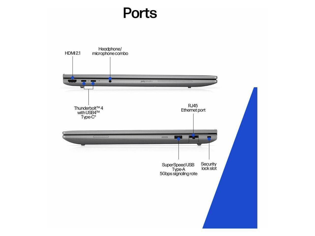 Ports  
- HDMI 2.1  
- Headphone/microphone combo  
- Thunderbolt™ 4 with USB4™ Type-C  
- RJ45 Ethernet port  
- SuperSpeed USB Type-A (5Gbps signaling rate)  
- Security lock slot