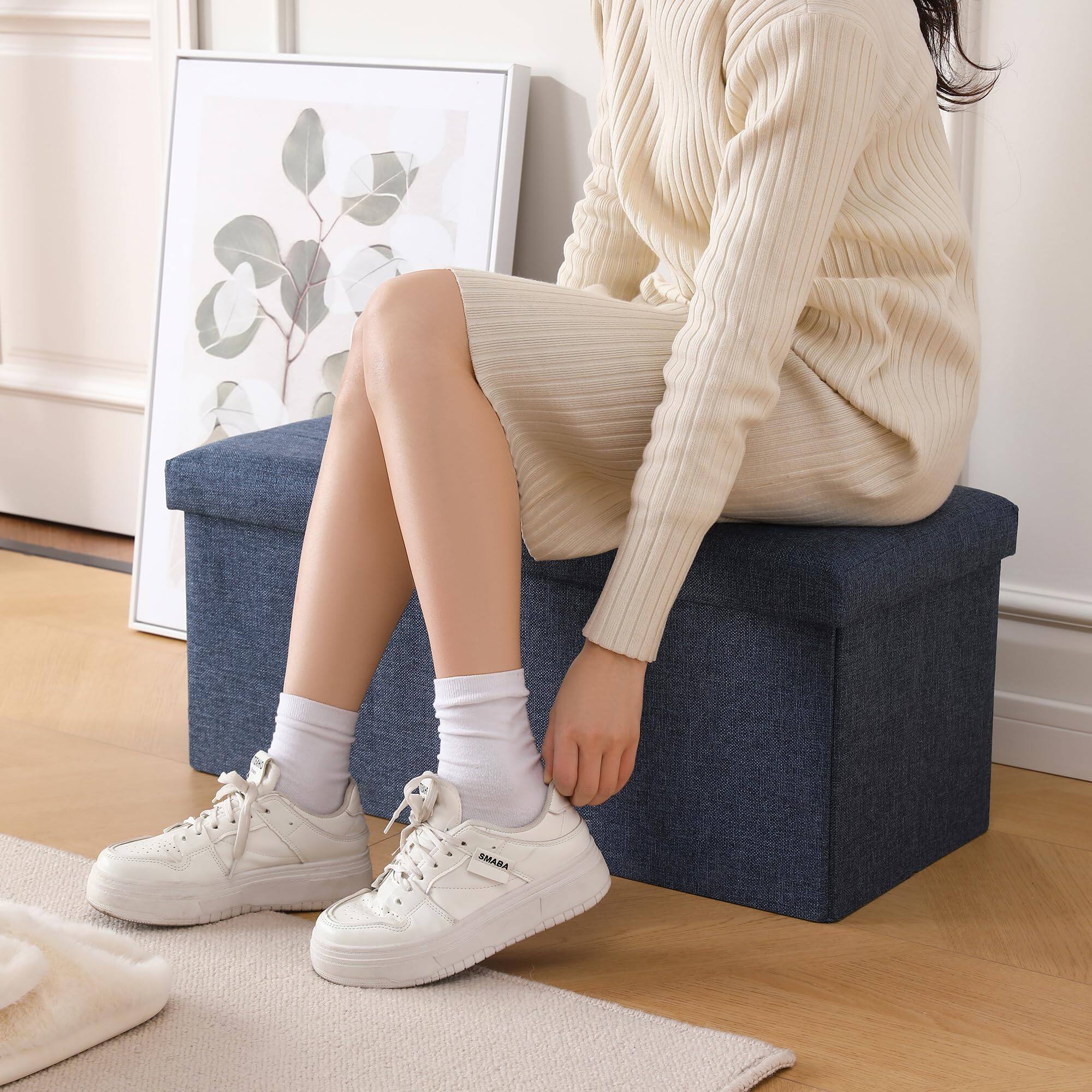 Alt View 2. JETRANSPORT - Storage Ottoman Bench Foldable Seat Footrest Shoe Flipping Space Inches Linen Fabric Navy Measures: - Sandy Beige 45.3" Flip.