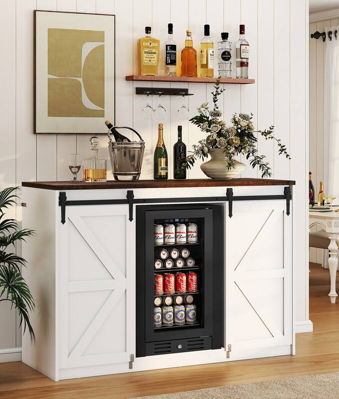 Skyzoo - Mini Fridge Cabinet with Built-In Fridge Space, Farmhouse Coffee Bar Cabinet with Outlet, Mini Bar for Home - White