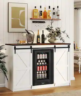 Skyzoo - Mini Fridge Cabinet with Built-In Fridge Space, Farmhouse Coffee Bar Cabinet with Outlet, Mini Bar for Home - White