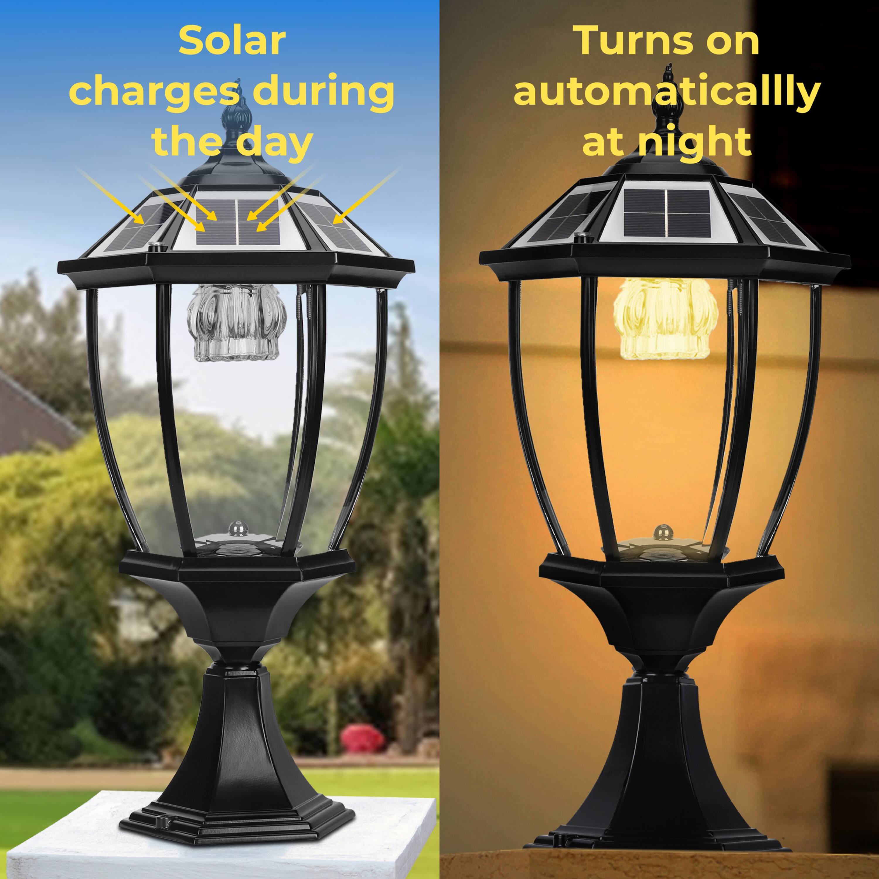 Solar charges during the day, turns on automatically at night.