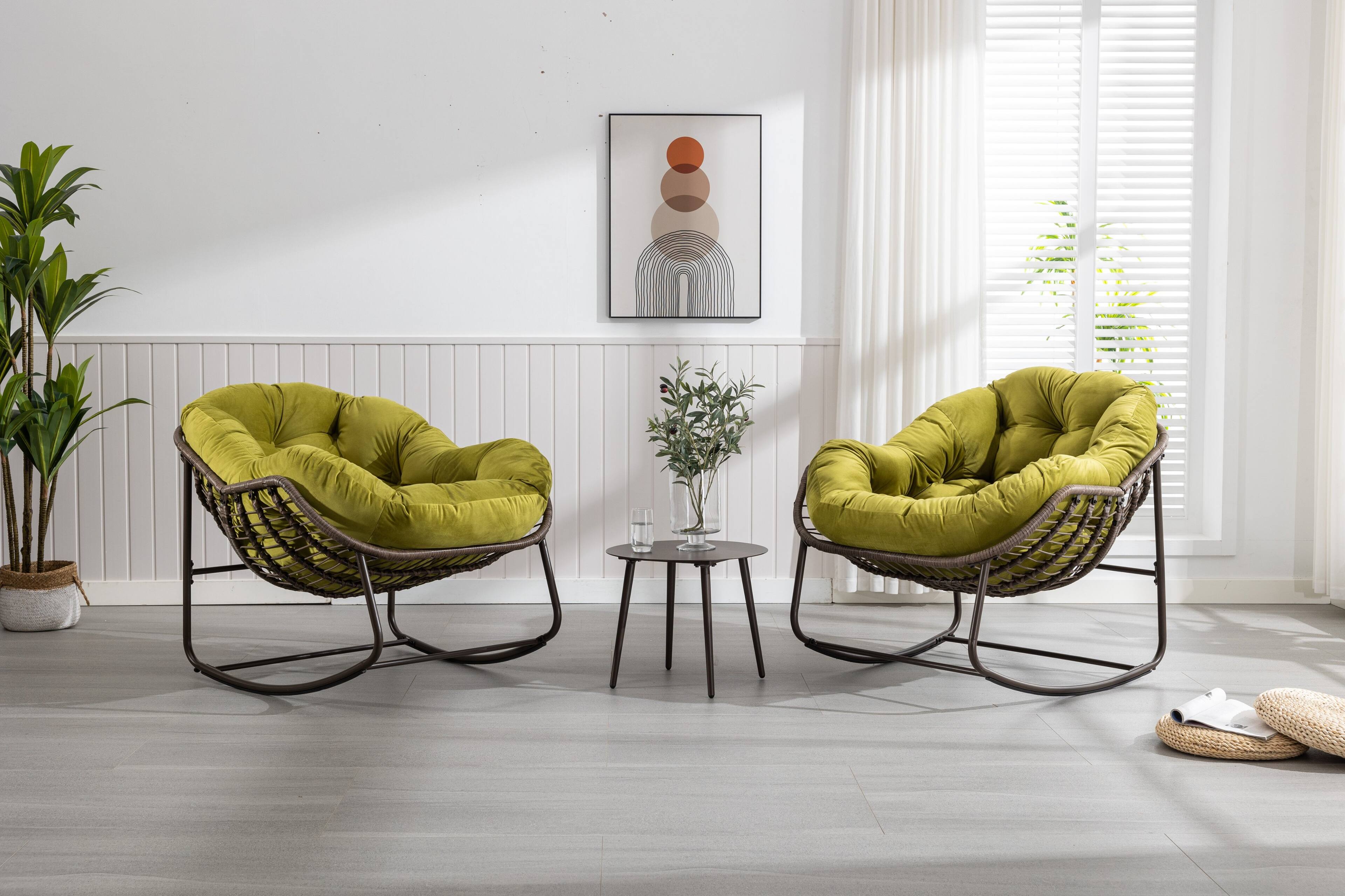 Alt View 6. Tiramisubest - Outdoor Rattan Rocking Chair,Padded Polyester Cushion Rocker Recliner Chair for Porch,Living Room,Garden,Olive Green - Olive.