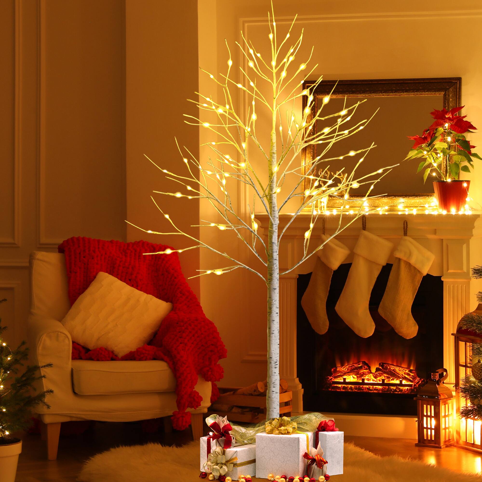 Alt View 3. Gymax - Gymax 6 FT Pre-lit White Birch Tree Artificial Twig Birch Tree Christmas Decor - White.