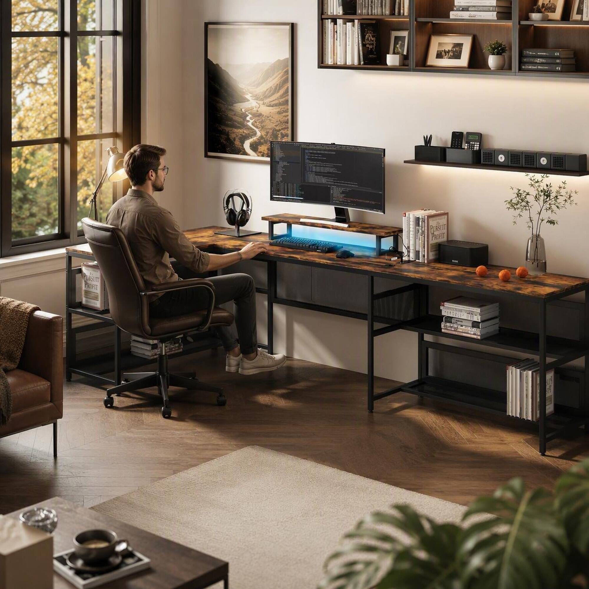 Angle. RYHNUYNE - U Shaped Desk, 82x43x35 inches, Metal Frame and MDF Board, Power Outlets, LED Strip, Monitor Stand, Storage Shelves - Brown.