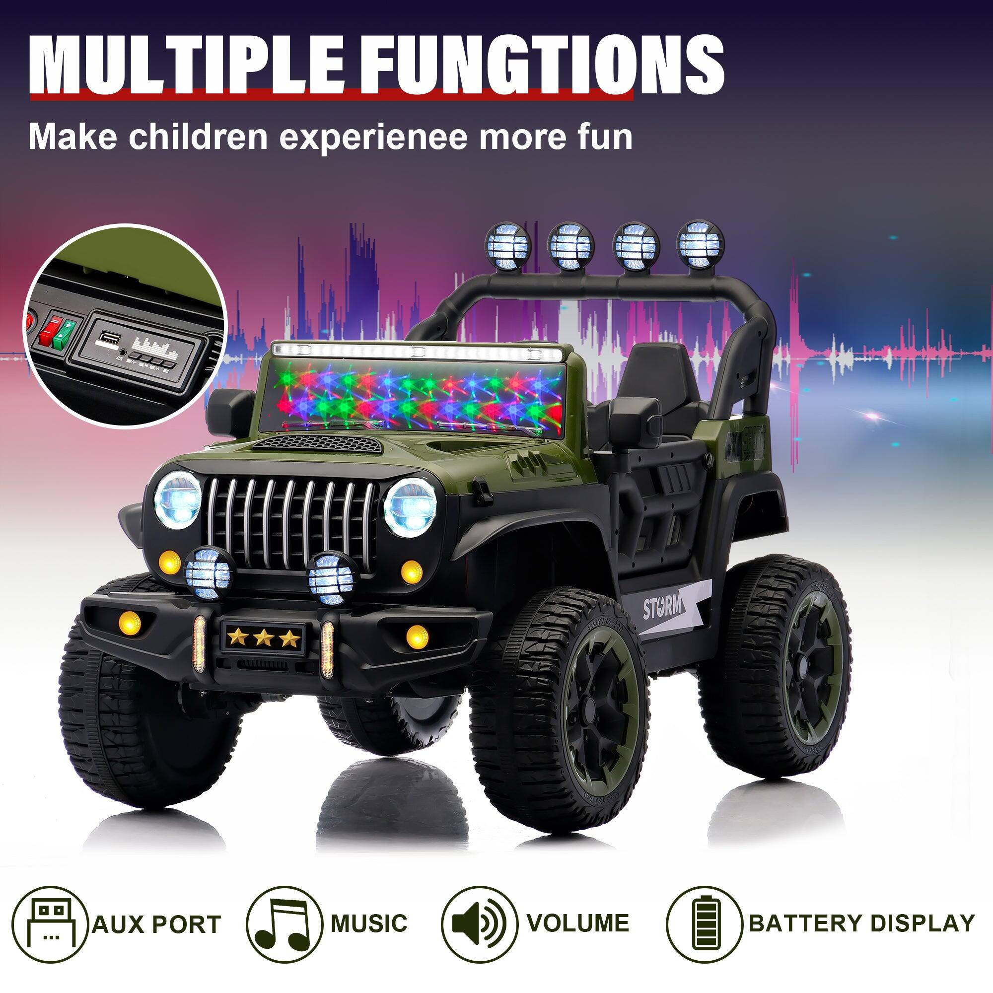 MULTIPLE FUNCTIONS  
Make children experience more fun  

- AUX PORT  
- MUSIC  
- VOLUME  
- BATTERY DISPLAY