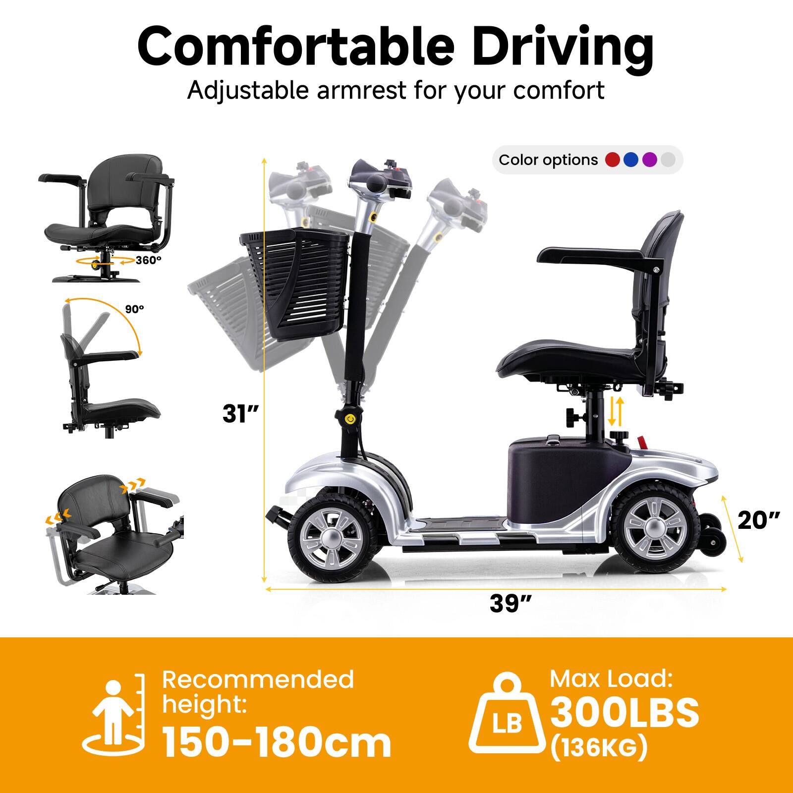 Comfortable Driving Adjustable armrest for your comfort  
Color options: 360°, 90°  
Dimensions: 31" x 20" x 39"  
Recommended height: 150-180cm  
Max Load: 300LBS (136KG)