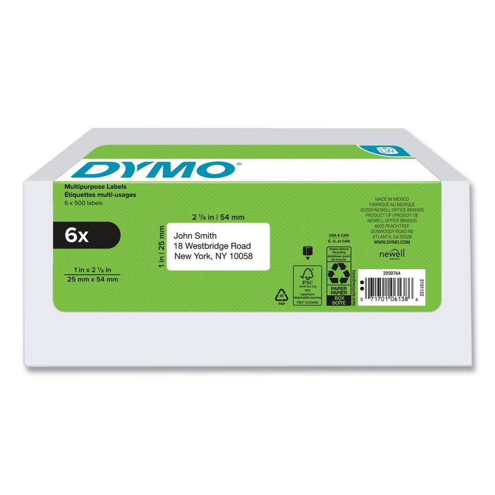 DYMO Multipurpose Labels  
Etiquettes multi-usages  
6 x 500 labels  

2 1/2 in x 54 mm  
1 in x 2 1/2 in  
25 mm x 54 mm  

John Smith  
18 Westbridge Road  
New York, NY 10058  

MADE IN MEXICO  
FABRIQUÉ AU MEXIQUE  

newell  

FSC  
PAPER BOX  
BOTE  

www.DYMO.COM  

2050764  
71701 06138  
4 2151122  

2020 NEWELL OFFICE BRANDS  
NEWELL OFFICE BRANDS  
665 PEACHTREE ROAD  
ATLANTA, GA 30328  
E.U. & CAN  

FSC  
PAPER BOX  
BOTE  

www.DYMO.COM  

2050764  
71701 06138  
4 2151122