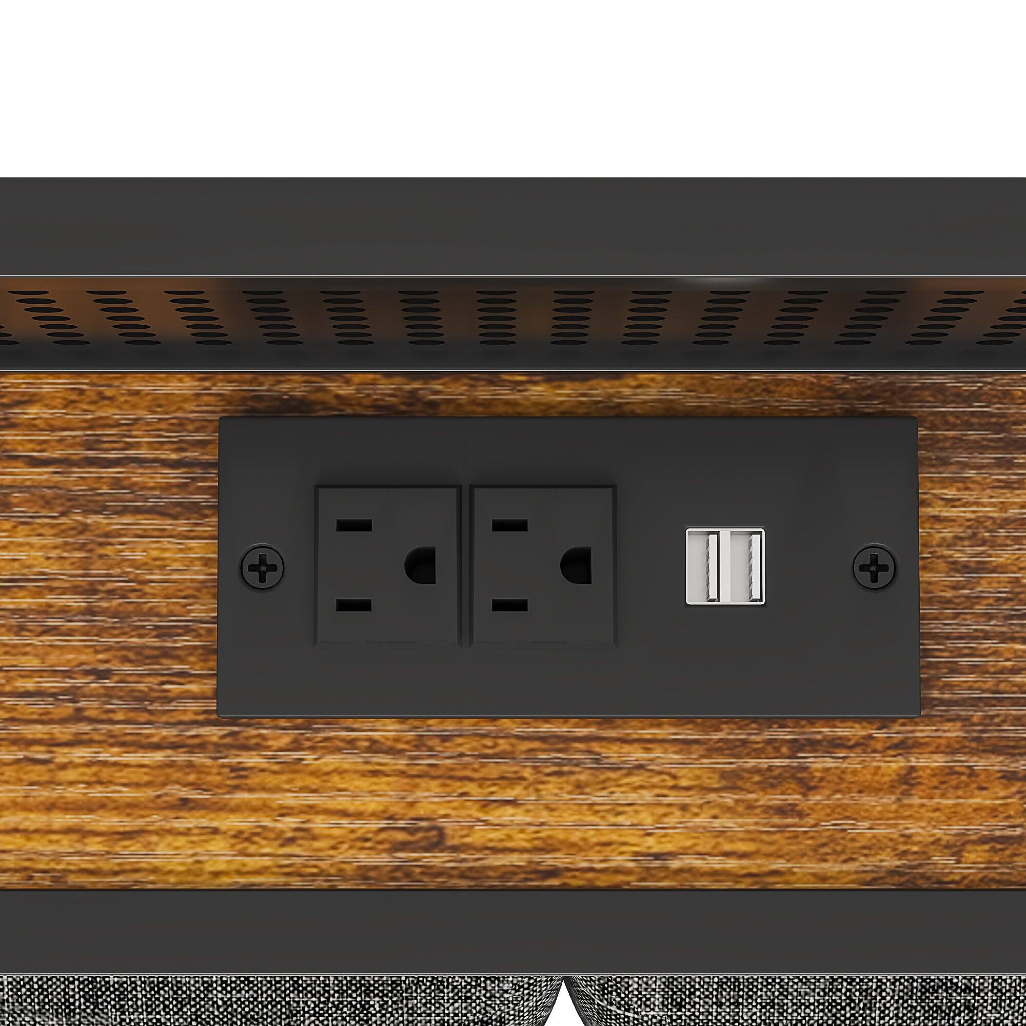 Alt View 2. Vecelo - Full Bed Frame with Storage Drawers, LED Headboard, Charging Ports, Linen Upholstery & Metal Platform Support - Brown.