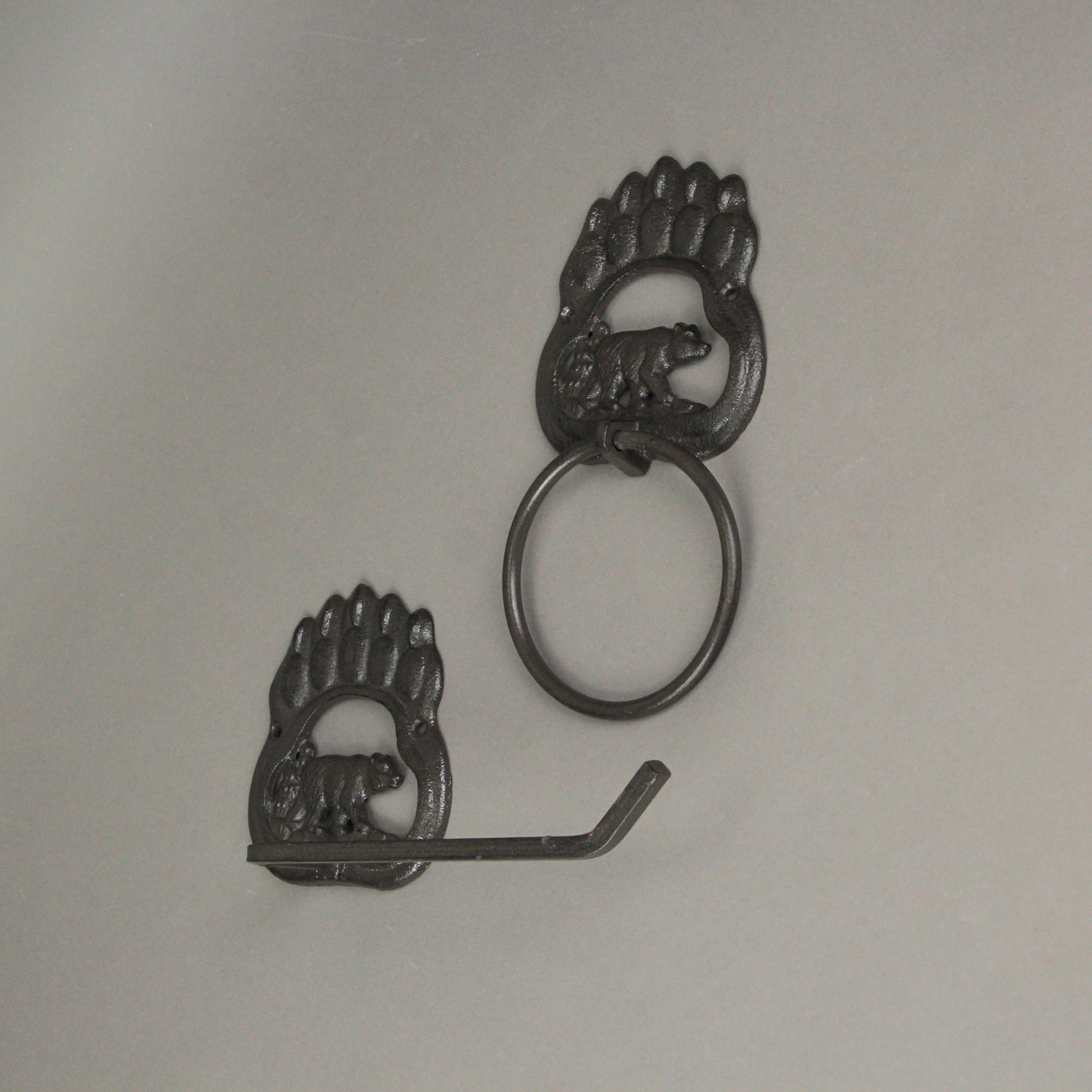 Alt View 4. Things2Die4 - Rustic Cast Iron Black Bear Paw Towel Ring and Holder Set - Black.