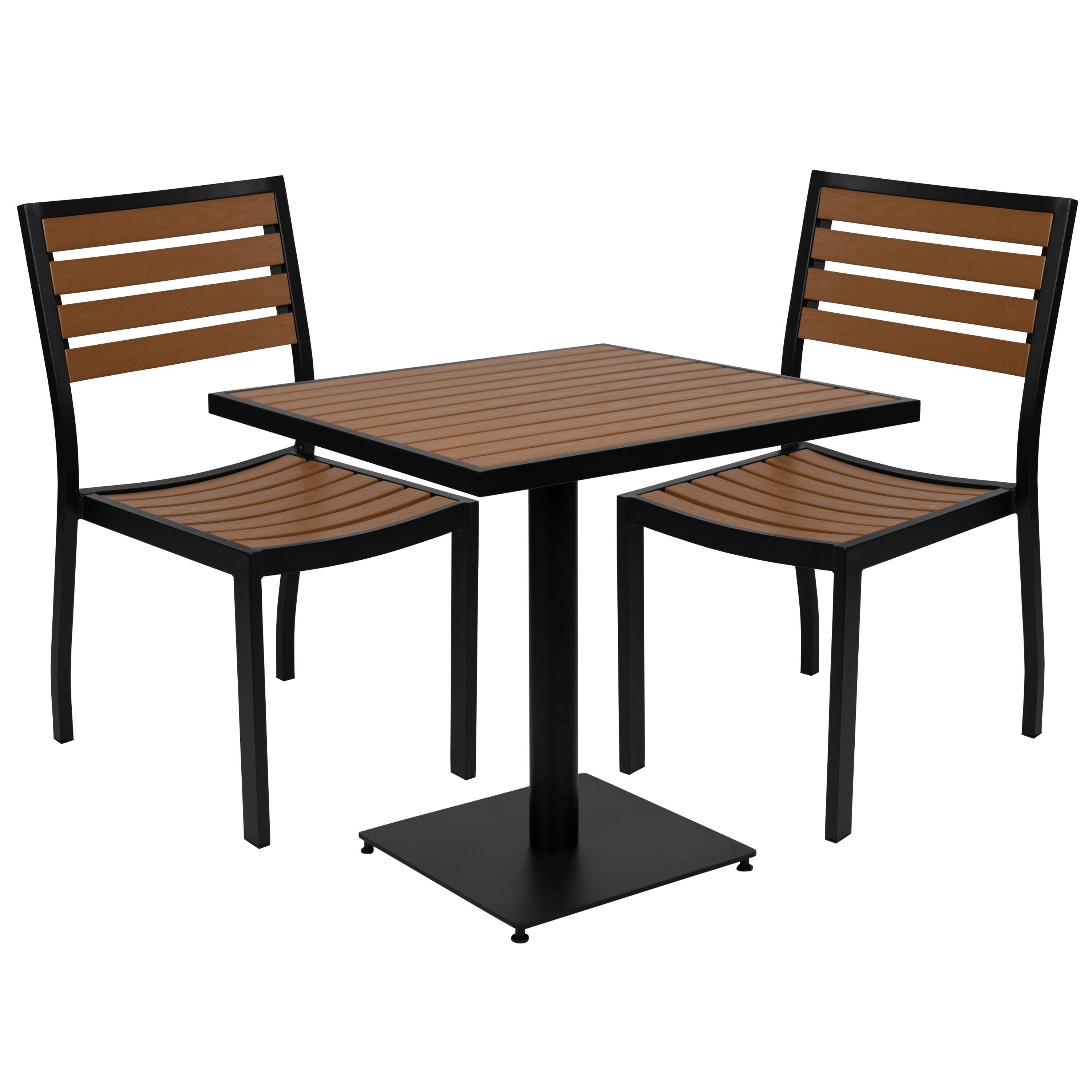 Emma + Oliver - Outdoor Patio Bistro Dining Table Set with 2 Chairs and Faux Poly Slats - Teak