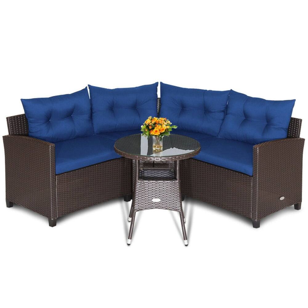Back. Pefilos - 4 Pieces Patio Rattan Furniture Set of Cushioned Sofa and Glass Table, Furniture Set with Thickened Seat and Back - Blue.