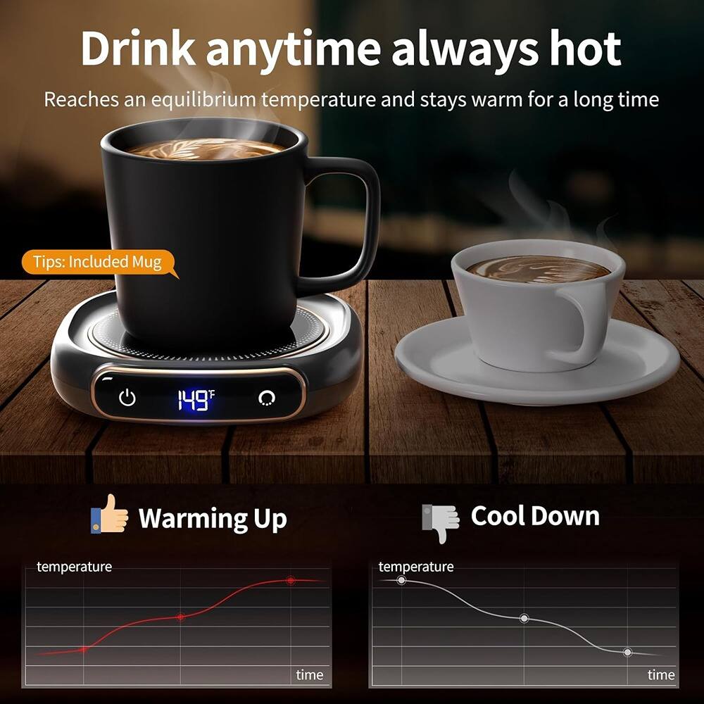 Drink anytime always hot  
Reaches an equilibrium temperature and stays warm for a long time  

Tips: Included Mug  

149°F  

Warming Up  
temperature  
time  

Cool Down  
temperature  
time